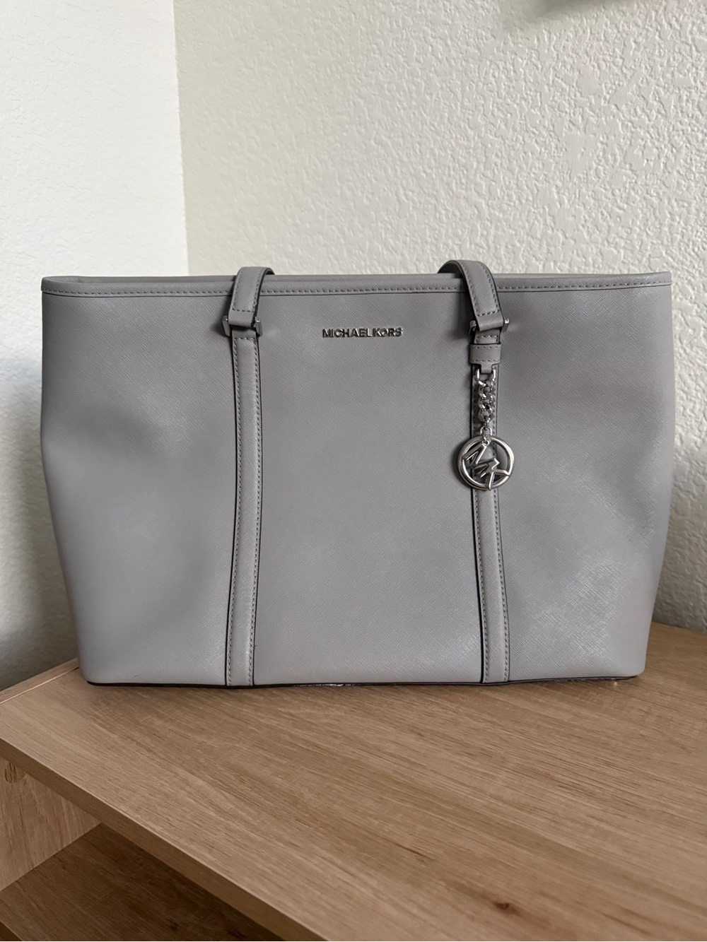 Michael Kors Light Gray Saffiano Leather Tote with Logo Charm